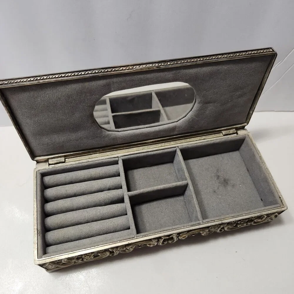 Godinger Vintage 1992 Silver Plate Ornate Rectangle Jewelry  Hinged Box Velvet